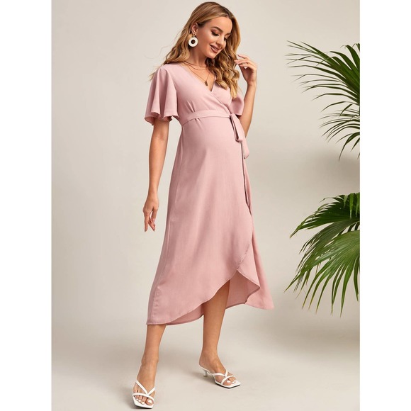 Maternity Flutter Sleeve Belted Wrap Dress pink - Picture 4 of 8